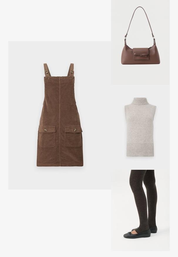 Chaleco de punto sin mangas en color beige con cuello alto, sisas y dobladillo acanalados sobre un fondo blanco.; Vestido de tirantes de pana marrón con tirantes ajustables, dos bolsillos frontales y una costura central. Tejido texturizado con un aspecto suave.; Piernas con leggings oscuros acanalados combinados con bailarinas negras que presentan pequeños detalles de lazo sobre un fondo blanco.; Bolso bandolera de cuero marrón con un bolsillo frontal de solapa que presenta un detalle de moño cosido y una correa ajustable.