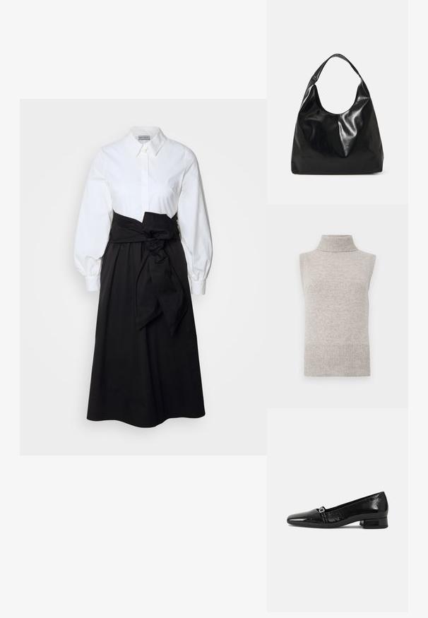 Mouwloze beige gebreide turtleneck sweater vest met geribde kraag, armsgaten en zoom op een witte achtergrond.; Witte blouse met lange pofmouwen, gecombineerd met een zwarte rok en een stoffen riem die op de taille is geknoopt, gemaakt van gladde katoen.; Zwarte laarzen van gepatenteerd leer met een puntige neus, een lage vierkante hak en een kleine metalen gespdetail op de band. Gladde textuur.; Zwarte leren hobo tas met een zachte, glanzende textuur en een ronde, open bovenkant. Voorzien van een brede, gebogen schouderband om te dragen. Geen zichtbare hardware.