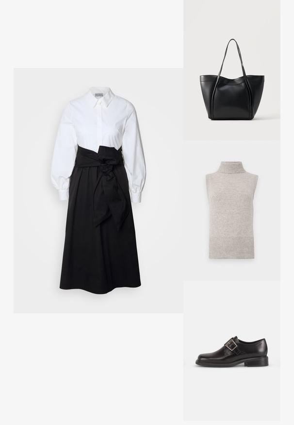 Käeaukudeta beežist soonikust turtleneck-sviitrivist, millel on soonikdateed ja ääred, valgel taustal.; Valge nööbiga topp, millel on pikad puff-sleiterid, koos musta seeliku ja kangast vöödiga, mis on seotud vöökohtadele, valmistatud siledast puuvillamaterjalist.; Mustaline musta naha kleitking, millel on ümar varvas, külgmine rihm ja tekstureeritud pinnakate, asetatud lihtsa valge taustaga.; Mustast nahast käekott, millel on kaks pikka sangast ja kergelt kaarduv ülemine serv, esitatud lihtsa heleda tausta ees.