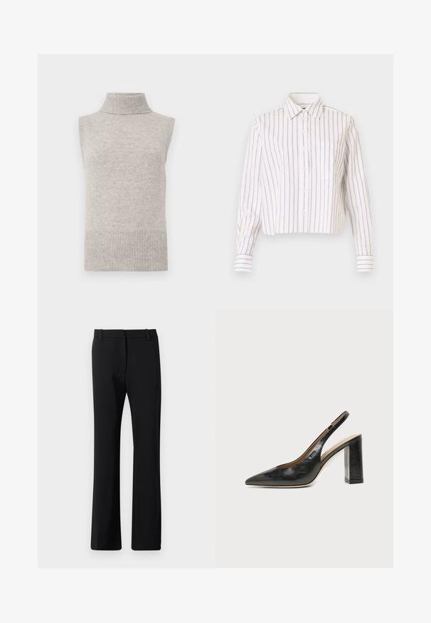 Gilet sans manches en tricot beige avec col roulé, bords côtelés aux emmanchures et à l'ourlet, sur un fond blanc.; Chemise rayée blanche avec de fines rayures brunes. Elle a un col pointu, des manches longues et une poche poitrine. Longueur courte.; Pantalons noirs au design ajusté, fabriqués dans un tissu lisse avec une légère élasticité. Équipés de passants de ceinture et d'une coupe droite.; Chaussure slingback en cuir noir à bout pointu avec un talon bloc haut et une doublure intérieure beige sur un fond clair uni.