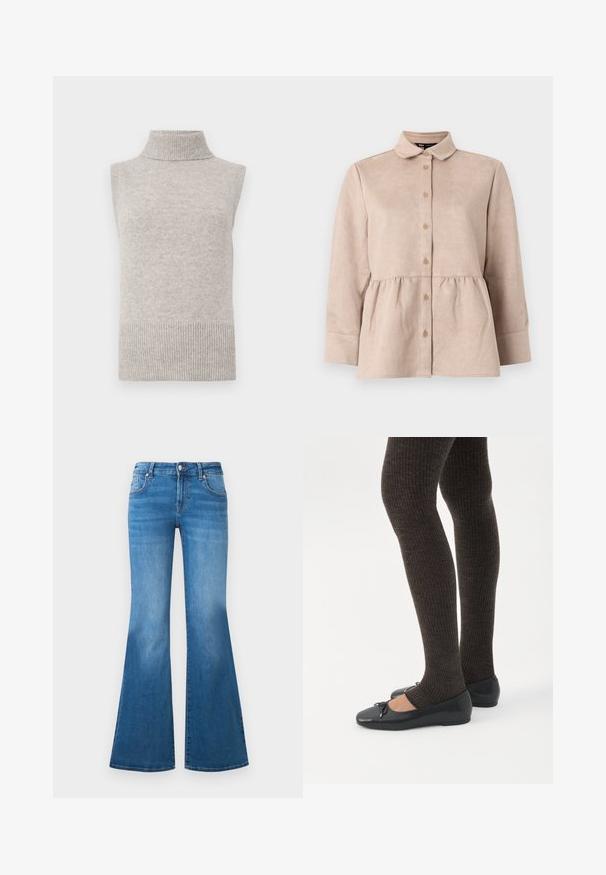 Mouwloze beige gebreide turtleneck sweater vest met geribde kraag, armsgaten en zoom op een witte achtergrond.; Beige suède shirt met een kraag, knoopsluiting aan de voorkant en een peplum taille. Heeft lange mouwen en een gladde textuur met kleine knopen.; Flared blauwe denim jeans met een medium hoge taille, vijf zakken en vervaagde details op de dijen. Zilveren accenten op de knopen.; Benen met donkere geribbelde leggings gecombineerd met zwarte ballerina's met kleine strikdetails op een witte achtergrond.