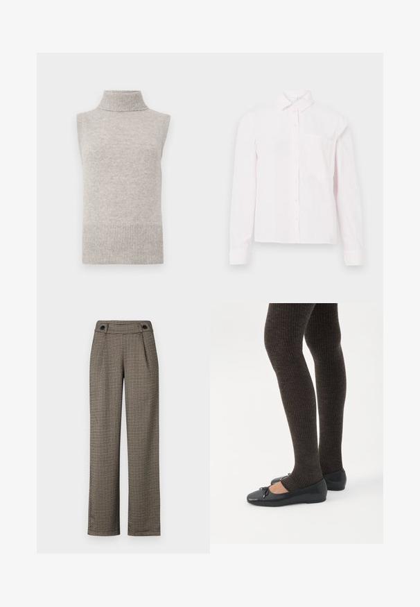 Chaleco de punto sin mangas en color beige con cuello alto, sisas y dobladillo acanalados sobre un fondo blanco.; Camisa de botonera de manga larga color rosa claro, con cuello y un bolsillo en el pecho, presentada sobre un fondo blanco.; Pantalones con patrón de cuadros marrones y cintura alta, con pliegues laterales y acentos de botones negros. Fabricados con una tela tejida texturizada.; Piernas con leggings oscuros acanalados combinados con bailarinas negras que presentan pequeños detalles de lazo sobre un fondo blanco.