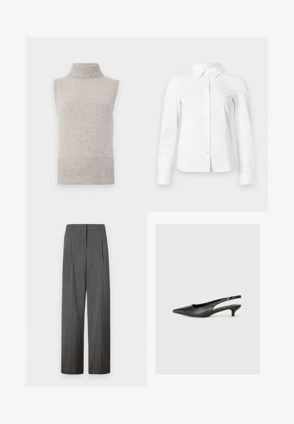 Chaleco de punto sin mangas en color beige con cuello alto, sisas y dobladillo acanalados sobre un fondo blanco.; Camisa blanca de manga larga con botones, cuello puntiagudo, bajo recto y silueta ajustada, presentada sobre un fondo claro y liso.; Vero Moda VMSIKITA WIDE DAD PANT - Pantalones - medium grey/black; Zapato de tacón slingback negro de punta afilada, hecho de cuero suave. Presenta un tacón delgado y un detalle de hebilla en la correa ajustable.
