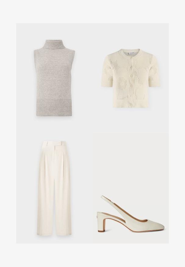 Mouwloze beige gebreide turtleneck sweater vest met geribde kraag, armsgaten en zoom op een witte achtergrond.; Crèmekleurige korte mouwen gebreide cardigan met knopen aan de voorkant en een subtiel getextureerd bloemmotief.; Crème-kleurige wijde broek van textuurstof, met een hoge taille, plooien en een rechte snit.; Witte leren slingback hak met een ronde neus, blokhak en een minimalistisch ontwerp met subtiele stikdetails.