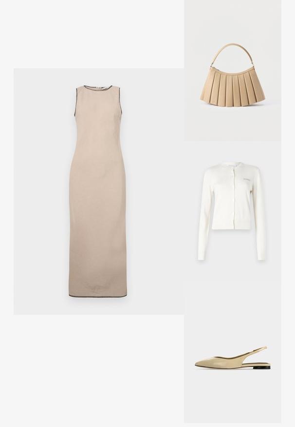 Hvid cardigan med ribbede manchetter og kant, rund halsudskæring, knaplukning, prydet med lille grå broderet tekst "2ND DAY" på venstre side.; Beige ærmeløs maxikjole med en glat tekstur, der har en rund halsudskæring og subtil sort kant langs kanterne.; Beige spids tå slingback flad sko med lav sort hæl og en glat læderfinish, vist fra siden på en ensfarvet baggrund.; Beige plisseret håndtaske med buet toplynlås og enkelt buet håndtag, vist på hvid baggrund.
