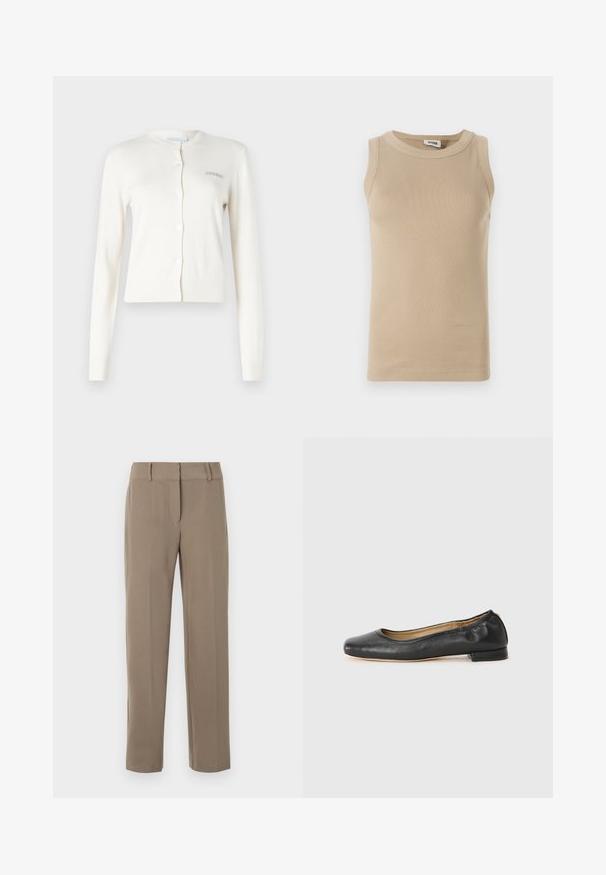 Cardigan blanc, avec des poignets et un ourlet côtelés, col rond, fermeture à boutons, comporte un petit texte brodé gris "2ND DAY" sur le côté gauche.; Top sans manches beige en tissu côtelé avec un col rond, présentant des coutures ton sur ton et un design ajusté.; Pantalon kaki droit avec passants de ceinture et fermeture éclair frontale sur fond blanc.; Ballerines en cuir noir avec un bout arrondi et des coutures minimales. Talon bas et rectangulaire avec une texture lisse. Détails subtils de doublure intérieure.