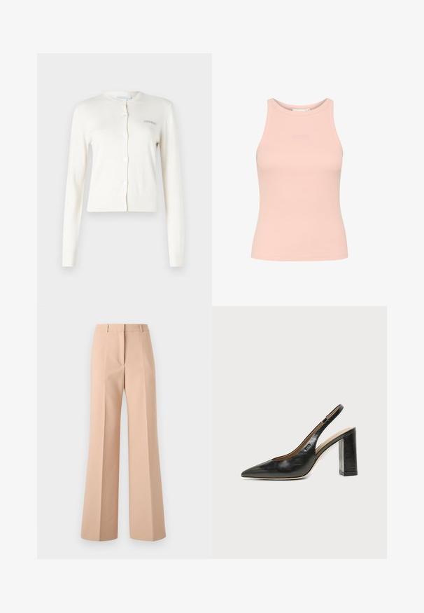 Hvid cardigan med ribbede manchetter og kant, rund halsudskæring, knaplukning, prydet med lille grå broderet tekst "2ND DAY" på venstre side.; Lys rosa ribbet tanktop med høj hals, ærmeløs design og diskret præget logo på brystet. Glat, tætsiddende tekstur.; Beige, højtaljede bukser med bred ben-design. Lavet af glat stof, med frontfolder og en enkel taljebånd.; Sort læder peep-toe slingback sko med høj blokhæl og beige indvendig foring mod en ensfarvet lys baggrund.