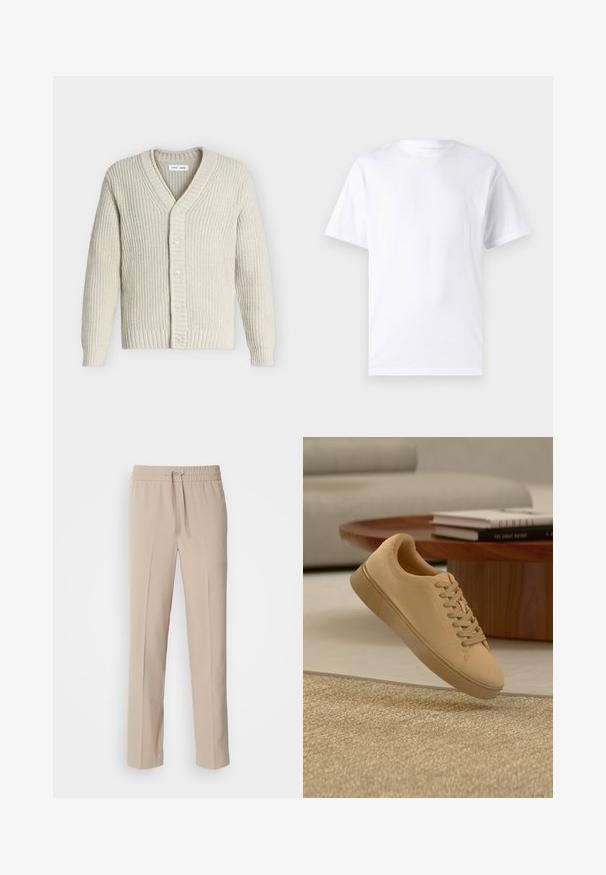 Cardigan écru en maille épaisse avec col en V, poignets et bas côtelés, fermeture devant avec cinq boutons.; T-shirt blanc à manches courtes en coton avec un col rond, présentant une texture lisse et un design simple, sans motifs ni accents.; Pantalons beiges, coupe décontractée, fabriqués en tissu doux, dotés d'une taille élastique avec cordon de serrage et de jambes droites avec des accents minimalistes.; Baskets beiges à lacets flottant au-dessus d'un tapis texturé avec une table basse en bois et des livres empilés en arrière-plan flou.