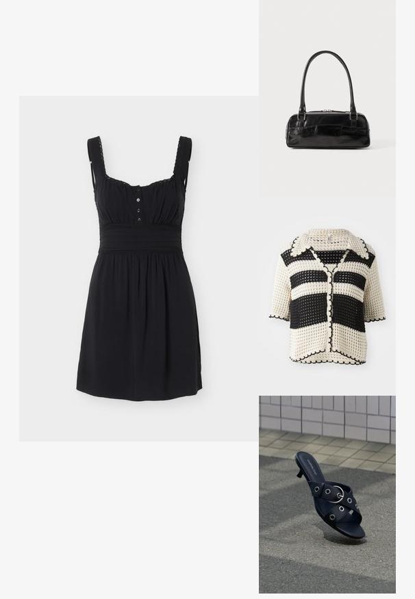 Cardigan au crochet noir et crème à rayures, avec un col, des manches courtes, des bords festonnés et une fermeture avant à boutons. Motif de tricot texturé.; Robe noire sans manches avec larges bretelles bordées de dentelle, corsage boutonné à l'avant, taille cintrée et jupe froncée.; Sandale noire à talon avec des brides croisées ornées d'œillets argentés et une boucle ronde, posée sur un pavement texturé près d'un mur carrelé.; Sac à main en cuir noir de forme rectangulaire, doté d'une seule ansse structurée, de quincaillerie argentée et d'une fermeture éclair. Texture lisse.