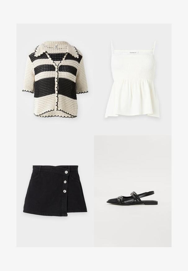 Cardigan au crochet noir et crème à rayures, avec un col, des manches courtes, des bords festonnés et une fermeture avant à boutons. Motif de tricot texturé.; Haut blanc sans manches avec corsage smocké, fines bretelles et ourlet évasé, marqué "Even&Odd" sur la poitrine.; Jupe en denim noir à taille haute, dotée d'un design enveloppant, de cinq boutons argentés d'un côté et de deux poches latérales. Texture lisse.; Even&Odd by Zalando Ballerines à brides arrière - black