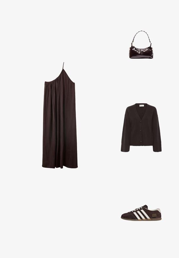 Cardigan marron foncé avec un col en V, fermeture par boutons et poignets côtelés. Texture douce avec une coupe décontractée et des manches légèrement surdimensionnées.; Robe longue asymétrique marron foncé avec une fine bretelle et un tissu froncé au niveau de l'encolure sur fond blanc.; Baskets en suède marron avec trois bandes blanches, semelle en caoutchouc, et étiquette avec le texte "Gazelle" en or. Fermeture à lacets avec lacets gris.; Sac à bandoulière en cuir brun foncé brillant avec une poignée incurvée ornée de petits clous métalliques ronds et une fermeture éclair supérieure.