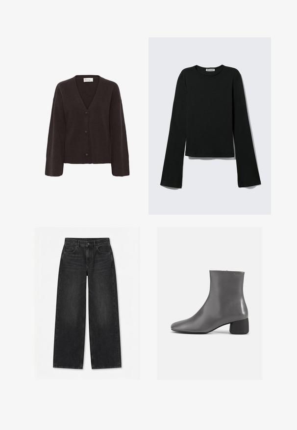 Cardigan marron foncé avec un col en V, fermeture par boutons et poignets côtelés. Texture douce avec une coupe décontractée et des manches légèrement surdimensionnées.; T-shirt noir à manches longues avec col rond, silhouette ajustée et manches légèrement évasées, étiqueté avec la marque "Weekday" au niveau de l'encolure.; Jean large noir avec bouton et fermeture éclair à l'avant, passants pour ceinture et design à cinq poches sur un fond blanc uni.; Bottine en cuir gris avec un design épuré, bout pointu et un petit talon carré. Texture lisse avec un branding minimaliste sur le côté.