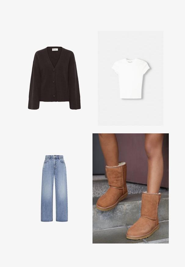 Cardigan marron foncé avec un col en V, fermeture par boutons et poignets côtelés. Texture douce avec une coupe décontractée et des manches légèrement surdimensionnées.; T-shirt blanc à manches courtes en coton doux, avec un col rond et une coupe ajustée. Pas de motifs ni d'ornements visibles.; Jean large taille haute bleu clair avec fermeture devant par bouton et zip et design cinq poches sur fond blanc.; Bottines en suede marron, à bout rond, avec une doublure douce et une semelle en caoutchouc, présentant des détails de couture visibles le long des coutures.