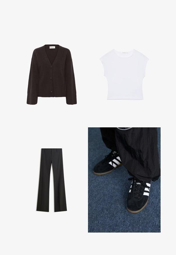 Cardigan marron foncé avec un col en V, fermeture par boutons et poignets côtelés. Texture douce avec une coupe décontractée et des manches légèrement surdimensionnées.; T-shirt court blanc à manches courtes avec col rond, en tissu lisse, posé à plat sur un fond blanc.; Pantalon noir évasé avec une texture lisse, doté d'une coupe ajustée et d'une taille cintrée. Aucun motif ou ornement visible.; Des chaussures de sport en suède noir avec trois rayures blanches et des lacets noirs. Un pantalon noir texturé est partiellement visible à côté des chaussures.