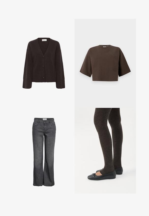 Cardigan marron foncé avec un col en V, fermeture par boutons et poignets côtelés. Texture douce avec une coupe décontractée et des manches légèrement surdimensionnées.; Sweat-shirt court à manches courtes, col rond, de couleur marron foncé avec une coupe décontractée, présenté sur un fond clair uni.; Jean large en denim gris foncé. Caractéristiques : taille haute, design traditionnel à cinq poches et ourlet net sans embellissements.; Jambes portant des leggings côtelés foncés associés à des ballerines noires avec de petits détails en nœud sur fond blanc.