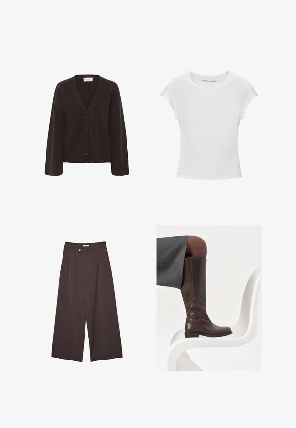 Cardigan marron foncé avec un col en V, fermeture par boutons et poignets côtelés. Texture douce avec une coupe décontractée et des manches légèrement surdimensionnées.; T-shirt en coton blanc avec manches courtes retroussées, encolure ronde et ourlet droit. Texture lisse sans motifs ni accents visibles.; Pantalon large à rayures brun avec une taille boutonnée et des passants de ceinture, présenté à plat sur un fond blanc.; Botte en cuir marron à hauteur de genou avec un bout arrondi, texture lisse et détails de couture minimalistes, placée sur un fond clair sur une chaise blanche.