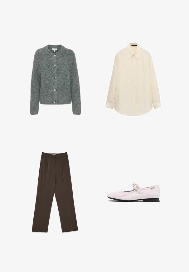 Grijze gebreide cardigan met een ronde halslijn, vijf knopen, lange mouwen en een gestructureerde afwerking. Zachte stof met een boxy pasvorm.; Crèmekleurig overhemd met lange mouwen, knoopsluiting, puntkraag en verborgen knopenlijst, plat neergelegd op een witte achtergrond.; Bruine wijde broek met plooien, voorzien van een vlakke voorkant en zijzakken. Soepele stof, tailored ontwerp en een medium taille.; Lichtroze Mary Jane platte schoen met een riem en gesp, geplooide details, zwarte zool en een klein merklabel bij de hiel.