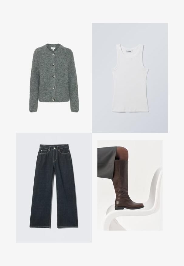 Cardigan en tricot gris avec un col rond, cinq boutons, des manches longues et une finition texturée. Tissu doux avec une coupe boxy.; Débardeur en coton blanc avec un col rond et des bretelles larges. Présente une texture côtelée et un ourlet droit. Étiquette affichée sur le col.; Jean large à jambes larges bleu foncé avec bouton devant, fermeture éclair, passants pour ceinture et style cinq poches sur un fond clair uni.; Botte en cuir marron à hauteur de genou avec un bout arrondi, texture lisse et détails de couture minimalistes, placée sur un fond clair sur une chaise blanche.