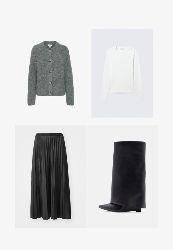Grijze gebreide cardigan met een ronde halslijn, vijf knopen, lange mouwen en een gestructureerde afwerking. Zachte stof met een boxy pasvorm.; Effen wit shirt met lange mouwen en ronde hals, slim fit, afgebeeld tegen een lichtgrijze achtergrond.; Zwarte geplisseerde maxi rok met een gladde textuur en een elastische tailleband, met verticale plooien die volume en beweging creëren.; Zwarte leren enkellaarzen met een hoge cilindervormige schacht, puntige neus en lage platte hak, met een gladde textuur en minimalistisch ontwerp.