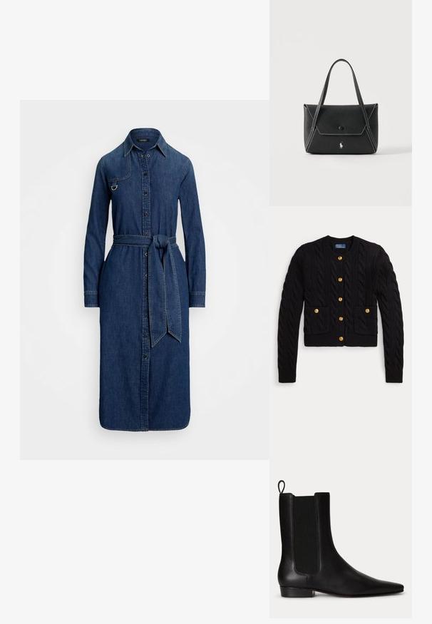 Sort strikket cardigan med kabelmønster, med fem guldknapper og to forlommer. Ribkant i nederkant og ved ærmerne.; Langærmet mørkeblå denimskjortekjole med frontknapper, taljebælte, krave og metalringdetalje på brystlommeklappen.; Sort læderankelstøvle med elastisk sidel panel, trækstrop bagpå, lav hæl og spids tå.; Sort læderhåndtaske med to håndtag, frontklap med knaplukning, hvide syninger og lille hestelogo på ensfarvet baggrund.