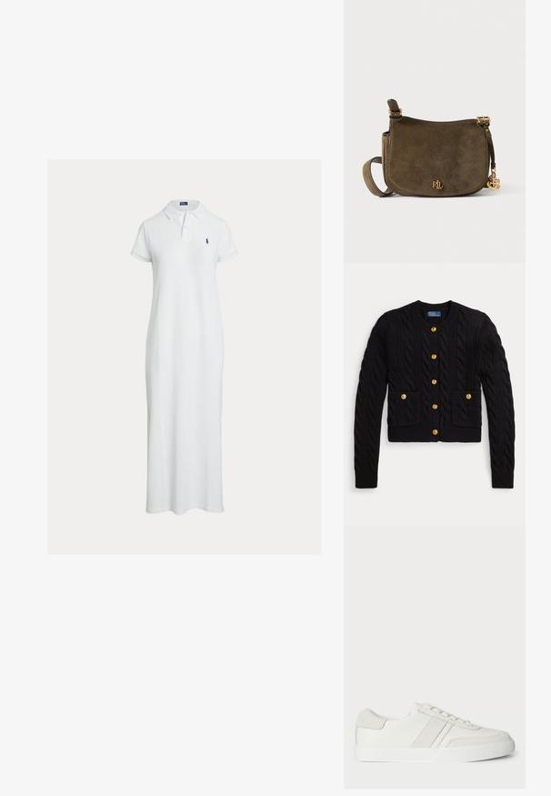 Sort strikket cardigan med kabelmønster, med fem guldknapper og to forlommer. Ribkant i nederkant og ved ærmerne.; Hvid bomulds polo kjole med korte ærmer, klassisk krave og broderet logo på venstre bryst. Lige silhuet, ankel-længde design.; Hvid sneakers med en glat læderoverdel, suedet detaljer og flade snørebånd. Har en tekstureret gummisål og et minimalistisk design.; Olivengrøn ruskind skuldertaske med guldfarvet "RL"-logo og vedhæng, justerbar rem og klaplukning på neutral baggrund.