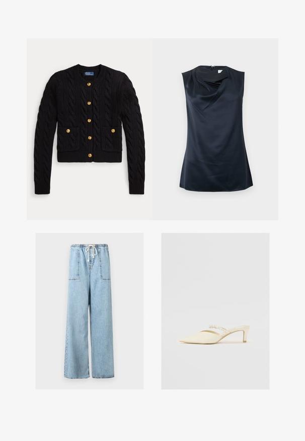 Cardigan noir en maille avec motif torsadé, doté de cinq boutons dorés et de deux poches avant. Ourlet et poignets côtelés.; Haut sans manches en satin noir avec encolure drapée et fermeture éclair au dos, présenté sur fond blanc uni.; Pantalon en denim bleu clair à jambes larges avec taille élastique et cordon blanc, présentant de grandes poches plaquées à l'avant.; Dolce Vita KANIKA PEARL - Escarpins - vanilla
