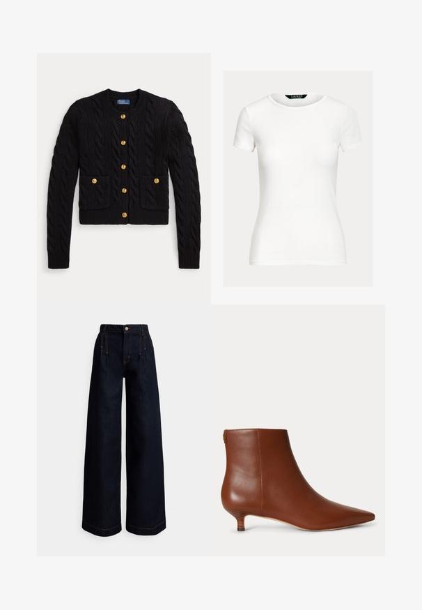 Zwarte gebreide cardigan met kabelpatroon, voorzien van vijf gouden knopen en twee steekzakken aan de voorkant. Geribde zoom en manchetten.; Effen witte aansluitende T-shirt met korte mouwen en ronde hals, met een Lauren Ralph Lauren-label aan de binnenkant van de kraag.; Wijde donkere denim jeans met een hoge taille, plooien aan de voorkant, contrasterende oranje stiksels en een knoopsluiting in de taille.; Bruine leren enkellaars met puntige neus en lage kittenhak op een eenvoudige lichte achtergrond.