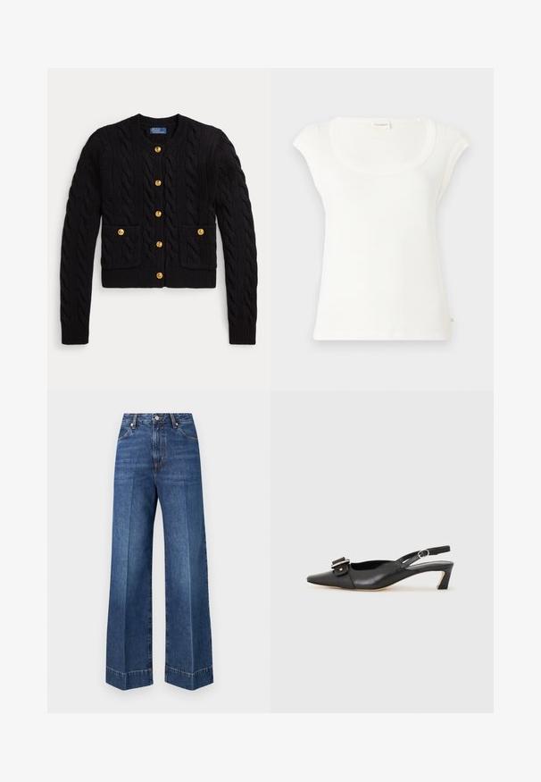 Cardigan noir en maille avec motif torsadé, doté de cinq boutons dorés et de deux poches avant. Ourlet et poignets côtelés.; T-shirt blanc à manches courtes en coton doux. Présente un col rond et une coupe décontractée. Étiquettes attachées à l'arrière.; Jean en denim bleu à taille haute, jambes larges, poches avant, fermeture par boutons, avec des détails de couture visibles sur un fond blanc uni.; Chaussure slingback en cuir noir avec un bout pointu, un petit talon et un détail de boucle décoratif sur le dessus. Texture lisse, design minimaliste.
