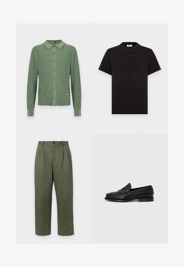 Cardigan vert en maille côtelée à manches longues avec col et fermeture à boutons sur le devant, avec une petite étiquette de marque en métal près de l'ourlet.; T-shirt noir à manches courtes avec col rond, petit logo « SANDRO » centré sous l'encolure.; Pantalons plissés vert olive en tissu lisse. Dotés d'une fermeture à bouton, d'anses de ceinture et d'ouvertures de jambes effilées pour un ajustement moderne.; Mocassin en cuir noir avec un détail tissé à l'avant, bout arrondi et petit talon. Texture lisse et design minimaliste.