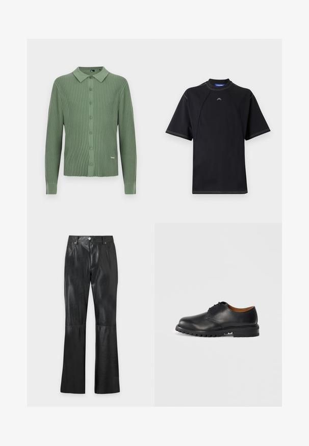 Cardigan vert en maille côtelée à manches longues avec col et fermeture à boutons sur le devant, avec une petite étiquette de marque en métal près de l'ourlet.; T-shirt noir à manches courtes avec un col rond, présentant des coutures contrastées et un petit logo sur la poitrine. Tissu lisse et extensible.; Pantalon noir en similicuir avec poches avant, fermeture éclair à l’avant, fermeture par bouton, passants pour ceinture et jambes évasées.; Chaussure de cuir noire avec un bout arrondi, un design à lacets et une semelle en caoutchouc texturée. Présente des coutures contrastantes et une doublure intérieure marron.