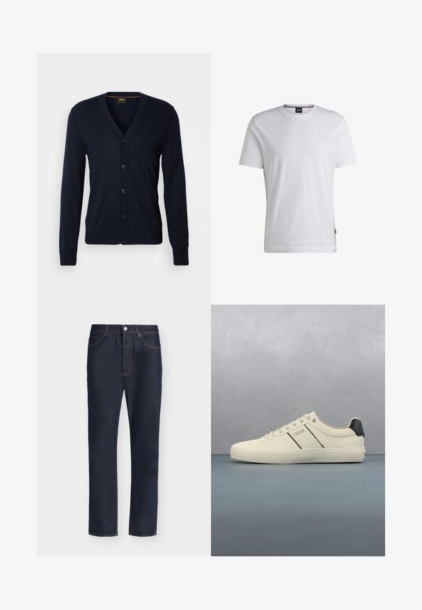 Cárdigan de lana navy con cuello en V, cinco botones, puños y dobladillo acanalados, logo sutil en el pecho, textura suave, ajuste estándar.; Camiseta blanca de manga corta hecha de algodón. Cuenta con un cuello redondo y una etiqueta de marca sutil en el lateral. Textura suave y diseño simple.; Vaqueros de mezclilla azul oscuro de corte recto, con cierre frontal de botón y cremallera, trabillas para el cinturón y bolsillos delanteros y traseros.; Zapatillas de color crema con una textura suave, que presentan acentos y marcas en negro. Diseño clásico de cordones con punta redonda y suela de goma.
