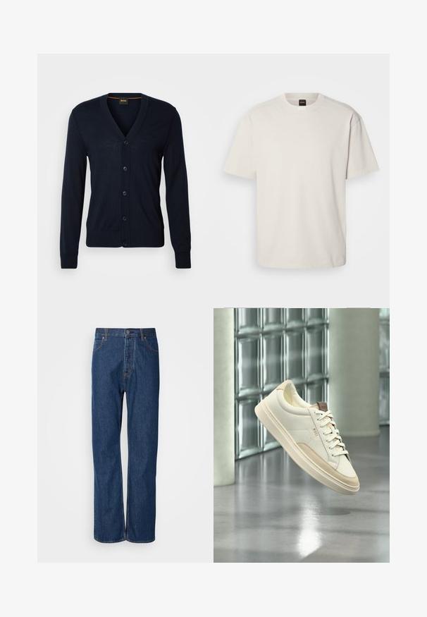 Cárdigan de lana navy con cuello en V, cinco botones, puños y dobladillo acanalados, logo sutil en el pecho, textura suave, ajuste estándar.; Camiseta de manga corta y cuello redondo en algodón color blanco roto, con un corte recto y un logo minimalista en el cuello. Textura suave, sin patrones.; Jeans de denim azul con un diseño de pierna recta, que cuentan con una bragueta de botones, cinco bolsillos y costuras de contraste a lo largo de las costuras.; Zapatilla blanca de perfil bajo con detalles y cordones beige, con la marca "BOSS", flotando sobre un suelo pulido con una pared de bloques de vidrio al fondo.