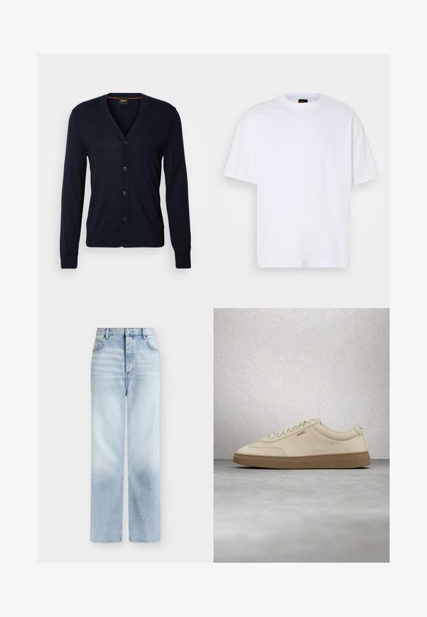 Cárdigan de lana navy con cuello en V, cinco botones, puños y dobladillo acanalados, logo sutil en el pecho, textura suave, ajuste estándar.; Camiseta de algodón blanca con cuello redondo, mangas cortas y un corte relajado. Presenta costuras de hombro texturizadas para un detalle adicional.; Vaqueros azul claro de talle alto y pierna recta con bolsillos delanteros, trabillas para cinturón y cierre de botón.; Zapatilla de ante beige claro con suela de goma color caramelo, cordones prominentes y detalles de costura sutiles. Diseño limpio con una estética minimalista.