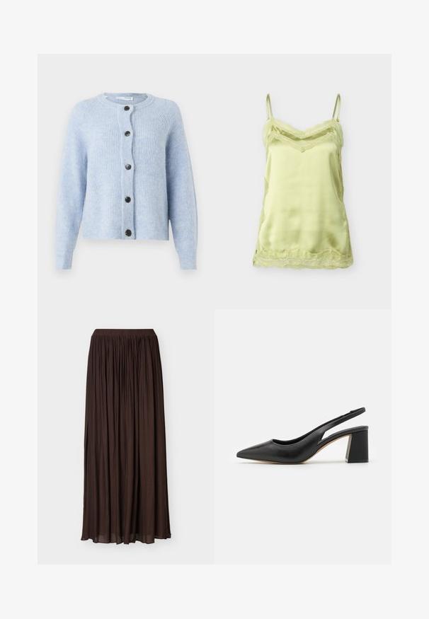 Lyseblå cardigan lavet af blødt, ribbet materiale, med rund halsudskæring, lange ærmer og seks sorte knapper nedad foran.; Lysegrøn satin camiskjorte med blondedetaljer langs halsudskæringen, kanten og siderne, med tynde justerbare skulderstropper.; Lang mørkebrun plisseret nederdel med elastisk talje, let stof og detalje med sideslids.; Sorte læder slingback-pumper med spids tå, udskæringsdesign og chunky blokhæle. Glat tekstur med en minimalistisk æstetik.