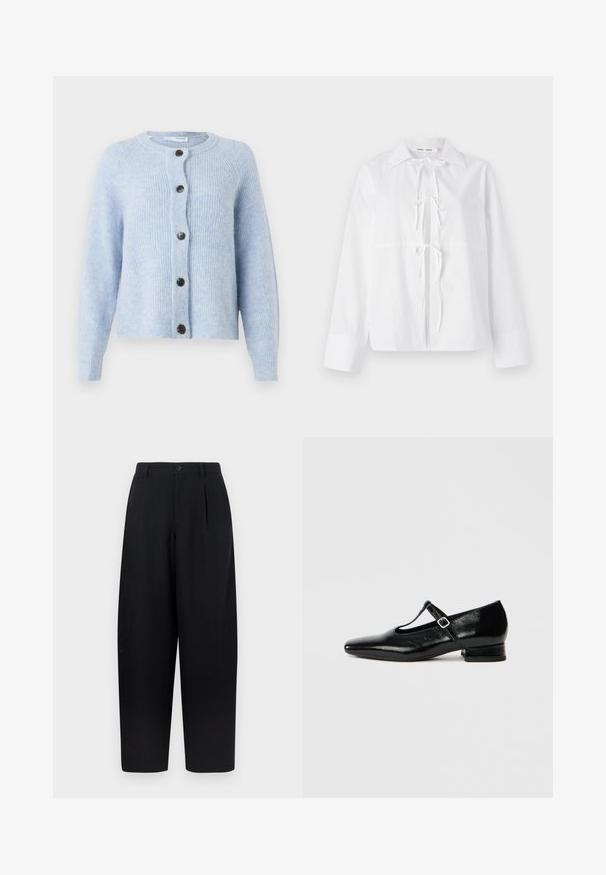 Hellblauer Cardigan aus weichem, geripptem Material mit Rundhalsausschnitt, langen Ärmeln und sechs schwarzen Knöpfen auf der Vorderseite.; Weißes Langarmhemd aus glattem Stoff mit button-down Kragen, vorderem Krawattenverschluss und geknöpften Ärmeln. Einfaches und klares Design.; Schwarze Hose mit lockerem Schnitt, versehen mit einer vorderen Falte, einem Knopfverschluss und geraden Säumen. Hergestellt aus einem glatten, leichten Stoff.; Schwarze Mary Jane Schuhe aus Leder mit spitzer Spitze, kleinem Blockabsatz und verstellbarem Riemen mit silberner Schnalle. Glatte, glänzende Textur.