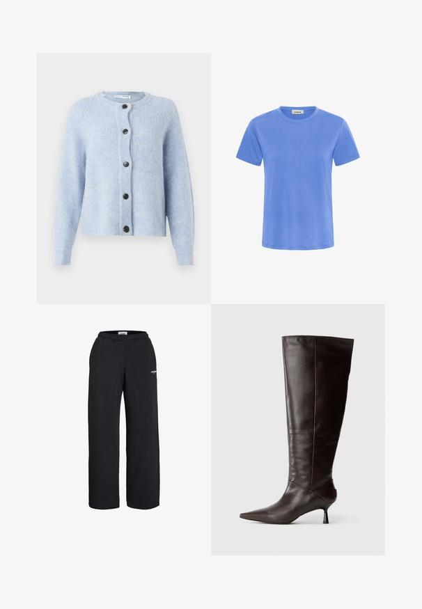 Hellblauer Cardigan aus weichem, geripptem Material mit Rundhalsausschnitt, langen Ärmeln und sechs schwarzen Knöpfen auf der Vorderseite.; Einfarbiges T-Shirt mit kurzen Ärmeln und Rundhalsausschnitt in uni Periwinkle-Blau mit einem kleinen weißen Markenlabel am inneren Rückenkragen.; Schwarze Sweatpants mit geradem Bein, elastischem Bund und kleinem weißem Logo am oberen Oberschenkel, entworfen für den lässigen Gebrauch.; Braune Lederstiefel bis zum Knie mit spitzem Zeh und schlanker Ferse. Glatte Textur und elegantes Design, mit einer minimalistischen Silhouette.