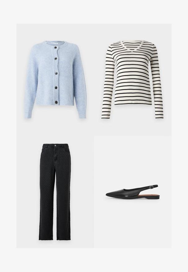 Lyseblå cardigan lavet af blødt, ribbet materiale, med rund halsudskæring, lange ærmer og seks sorte knapper nedad foran.; Sort-hvid stribet langærmet V-hals sweater lavet af blødt stof, med jævne vandrette striber og en tætsiddende pasform.; Sorte teksturerede bukser med bred ben og forlommer samt knaplukning på en ensfarvet baggrund.; Sorte læder slingback sko med spidse tæer, subtil glans og justerbar ankelrem. Flad hæl med en brun indersål.