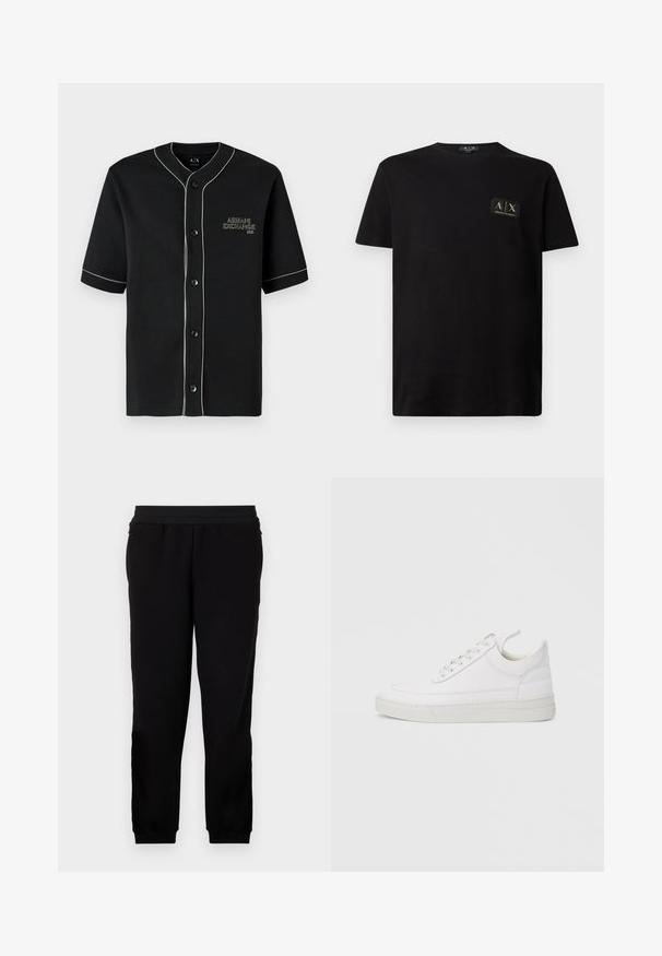 Sort kortærmet skjorte med knapper og hvid piping, med "Armani Exchange" broderet på venstre bryst.; Sort bomulds t-shirt med korte ærmer og rund hals. Har et lille sort og guld logo patch på venstre brystområde.; Sorte sweatpants lavet af et blødt materiale, med et elastisk liv, tætsiddende manchetter og sidelommer for ekstra bekvemmelighed.; Hvid lædersneaker med rundet tå, flad sål og snørebånd foran. Har syningsdetaljer og polstret krave for komfort.