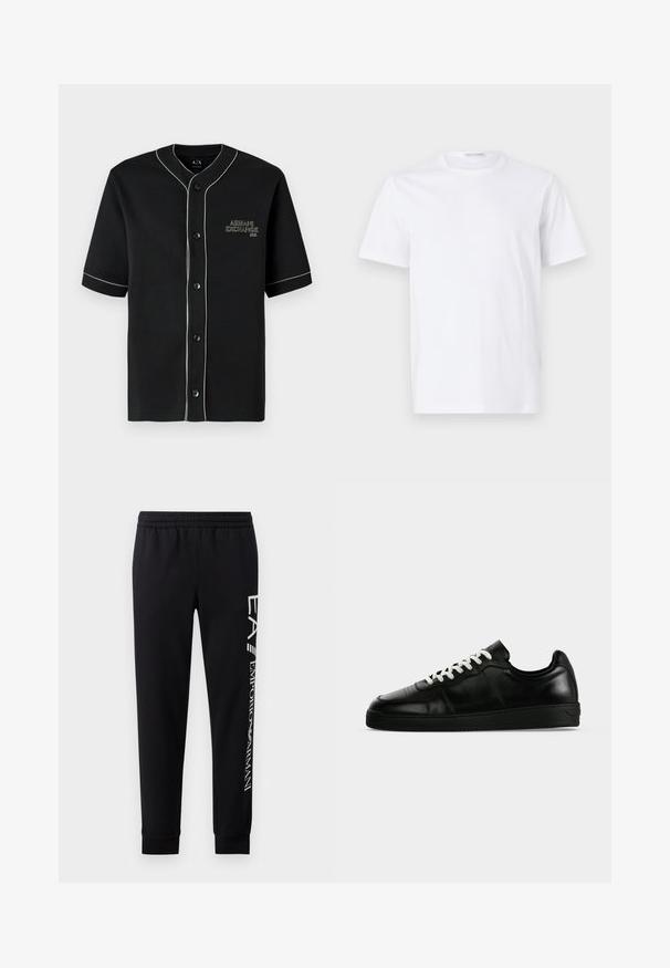 Sort kortærmet skjorte med knapper og hvid piping, med "Armani Exchange" broderet på venstre bryst.; Hvid bomulds t-shirt med rund halsudskæring og korte ærmer. Glat tekstur, lige snit og minimalistisk design uden mønstre eller accenter.; Sorte sweatpants lavet af en bomuldsblanding, med elastisk talje, smalle ben, ribbede manchetter og hvidt logo print langs siden.; Sort lavtsiddende lædersneaker med hvide snørebånd, en flad sort sål og diskrete syningsdetaljer, vist i sideprofil på en grå baggrund.