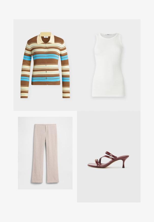 Cardigan côtelé rayé marron, crème et bleu, manches longues, fermeture par boutons devant et col couleur crème.; Débardeur blanc sans manches côtelé avec encolure ronde, coupe ajustée et étiquette de la marque à l’intérieur du col.; Pantalon beige à jambes larges avec taille haute, détail de couture à l'avant, sans boutons ni poches visibles, posé à plat sur fond blanc.; Sandales à talons hauts en cuir verni bourgogne avec un bout carré, deux fines lanières et une boucle dorée décorative sur le côté.