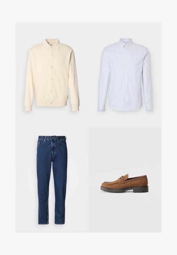 Cremefarvet button-up sweatshirt med lange ærmer, kravehals og ribbede manchetter. Glat tekstur, minimalistisk design.; Herre lyseblå skjorte med knapper, med lodrette hvide og tynde røde striber, lange ærmer og krave med knapper.; Mørkeblå jeans lavet af denim, med lige ben, fem-lommer stil og synlige syninger langs sømmene.; Brune Suede loafers med en rund tå og en lav sort gummisål, der har et dekorativt bånd og syninger på overdelen.