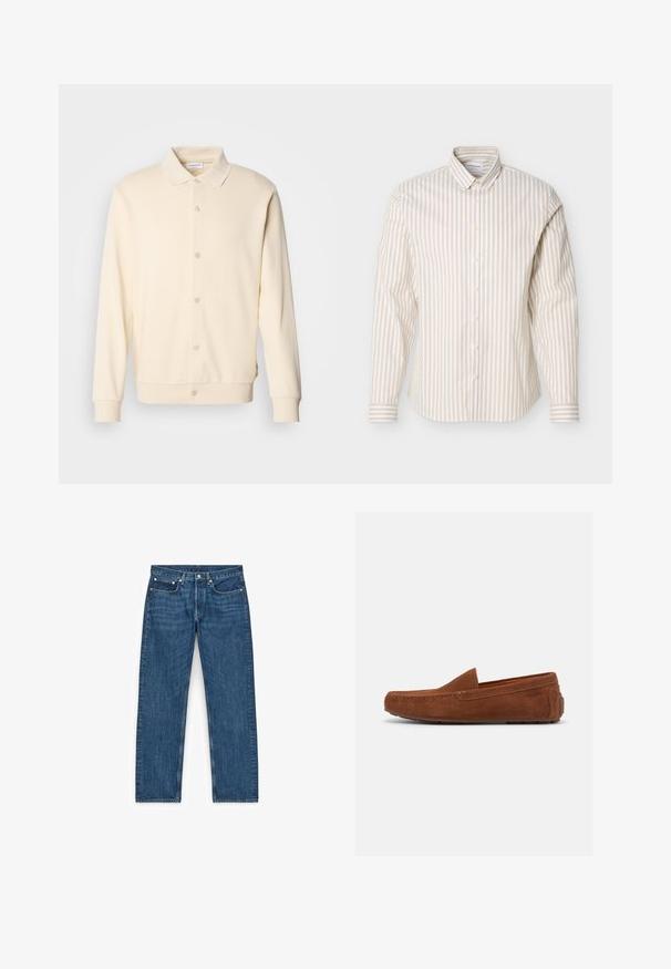 Sweatshirt boutonnière couleur crème avec manches longues, col classique et poignets côtelés. Texture lisse, design minimaliste.; Chemise à manches longues beige et blanche à rayures verticales avec col boutonné, présentée sur un fond blanc uni.; Jean en denim bleu avec une coupe droite, quatre poches et des détails en métal. Le tissu présente une légère texture et un lavage uniforme.; Mocassin pour homme en daim marron avec semelle en caoutchouc et coutures de style mocassin, vu de profil sur fond blanc.