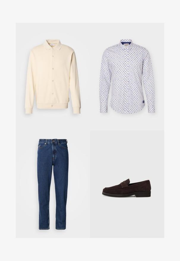 Krémová button-up mikina s dlhými rukávmi, golierom a ribovanými manžetami. Hladká textúra, minimalistický dizajn.; Biela košeľa na gombíky s modrým geometrickým kvetinovým vzorom, dlhými rukávmi a štandardným golierom.; Tmavomodré rifle z denimu, s rovnými nohavicami, päťkapsovým strihom a viditeľným prešívaním pozdĺž švov.; Hnedé semišové mokasíny s nízkym profilom a okrúhlou špičkou. Má dekoratívny pásik cez hornú časť, plochú gumovú podrážku a žiadne viditeľné švy.