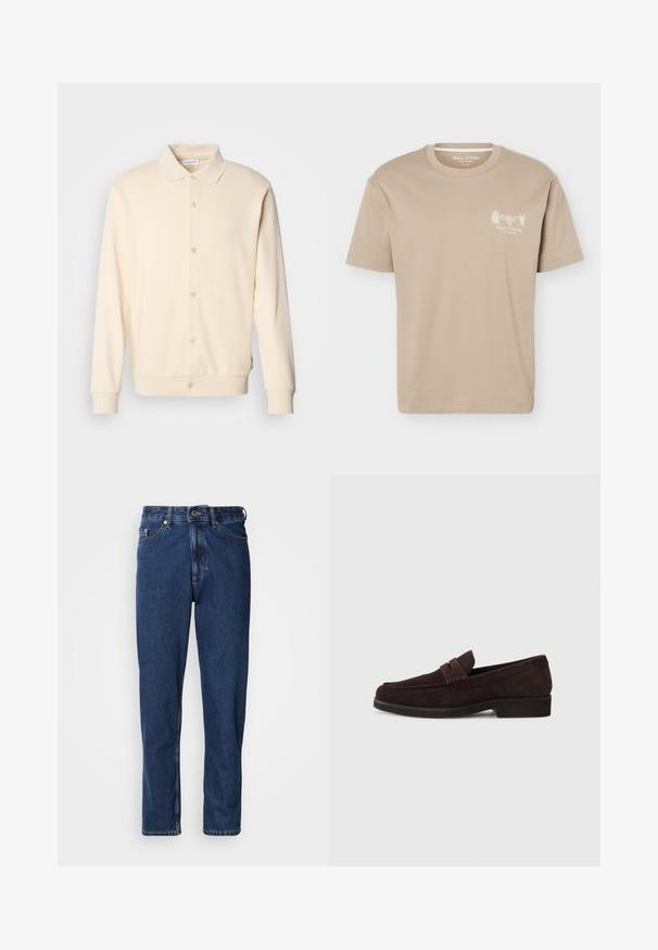 Sweatshirt boutonnière couleur crème avec manches longues, col classique et poignets côtelés. Texture lisse, design minimaliste.; T-shirt beige à manches courtes avec col rond, présentant de petits motifs d'insectes et le logo "Marc O'Polo" sur la poitrine gauche.; Jean bleu foncé en denim, avec une coupe droite, style cinq poches et des coutures apparentes le long des coutures.; Mocassins en daim marron avec une silhouette basse et un embout arrondi. Présentent une sangle décorative sur le dessus, une semelle en caoutchouc plate et sans couture visible.