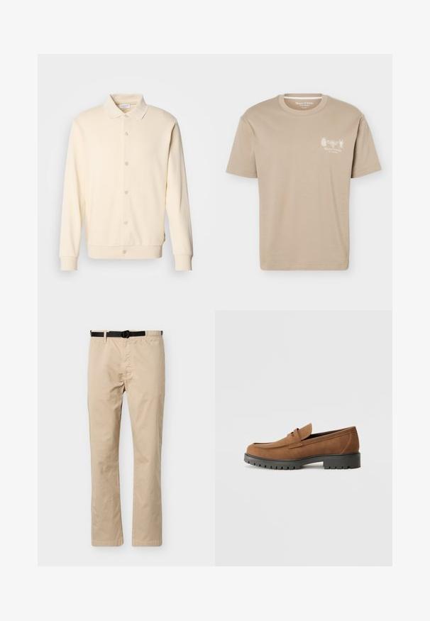 Cremefarvet button-up sweatshirt med lange ærmer, kravehals og ribbede manchetter. Glat tekstur, minimalistisk design.; Beige kortærmet T-shirt med rund halsudskæring med små insektgrafikker og "Marc O'Polo" logo på venstre bryst.; Beige bukser med lige ben, sort justerbart bælte, elastik i taljen på den ene side og detaljer med søm foran.; Brune Suede loafers med en rund tå og en lav sort gummisål, der har et dekorativt bånd og syninger på overdelen.