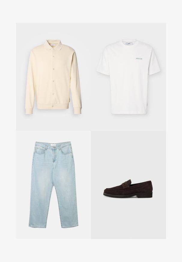 Cremefarvet button-up sweatshirt med lange ærmer, kravehals og ribbede manchetter. Glat tekstur, minimalistisk design.; Hvid T-shirt med korte ærmer og rund hals, med lille grøn tekst "JUICE IT UP Marc O'Polo Denim" på venstre bryst.; Lys blå denim jeans med en afslappet pasform, fem lommer, en knaplukning og subtil fadeeffekt. Teksturen er glat og lidt slidt.; Brune ruskinds loafers med lav profil og rund tå. Har en dekorativ rem over det øverste, flad gummisål og ingen synlig syning.