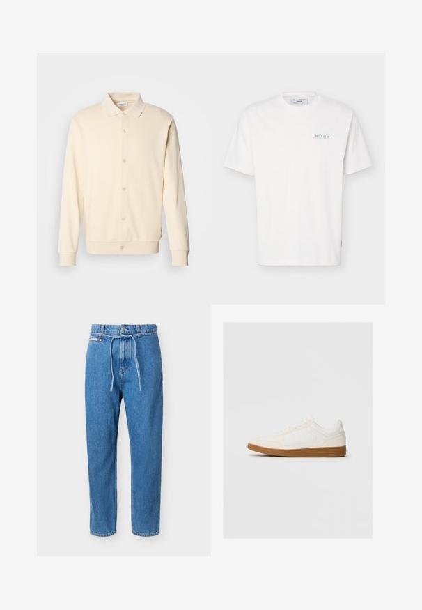 Krémová button-up mikina s dlhými rukávmi, golierom a ribovanými manžetami. Hladká textúra, minimalistický dizajn.; Biele tričko s krátkym rukávom a okrúhlym výstrihom, s malým zeleným nápisom "JUICE IT UP Marc O'Polo Denim" na ľavej strane hrudníka.; Modré rifľové džínsy s rovnými nohavicami, vysokým pásom, prednými gombíkmi, zapínaním na zips a tenkým rifľovým opaskom, ktorý je zviazaný v páse.; Biele tenisky so semišovým špičkovým rámom, hladkým syntetickým zvrškom a hnedou gumovou podrážkou. Na bokoch majú perforácie pre lepšiu priedušnosť.