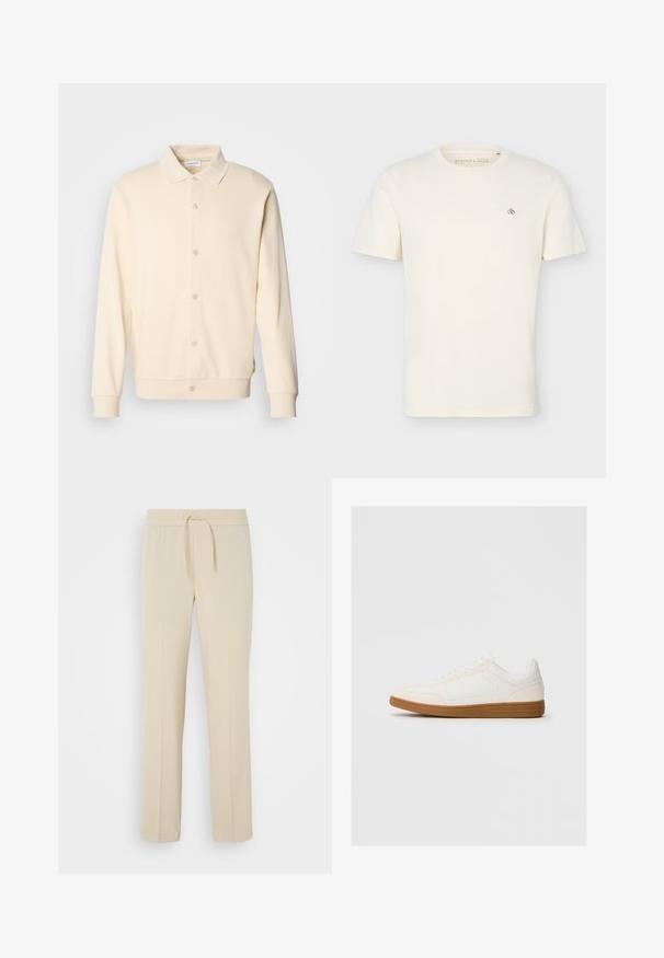 Sweatshirt boutonnière couleur crème avec manches longues, col classique et poignets côtelés. Texture lisse, design minimaliste.; T-shirt uni écru à manches courtes avec col rond, avec un petit logo "Scotch & Soda" sur le haut gauche de la poitrine.; Pantalons beiges à taille élastique avec cordon de serrage. Comprend des jambes droites et une texture lisse, adaptés pour un usage décontracté ou pour se détendre.; Baskets blanches avec un capuchon en daim, un dessus en synthétique lisse et une semelle en caoutchouc marron. Présente des perforations sur les côtés pour une meilleure respirabilité.
