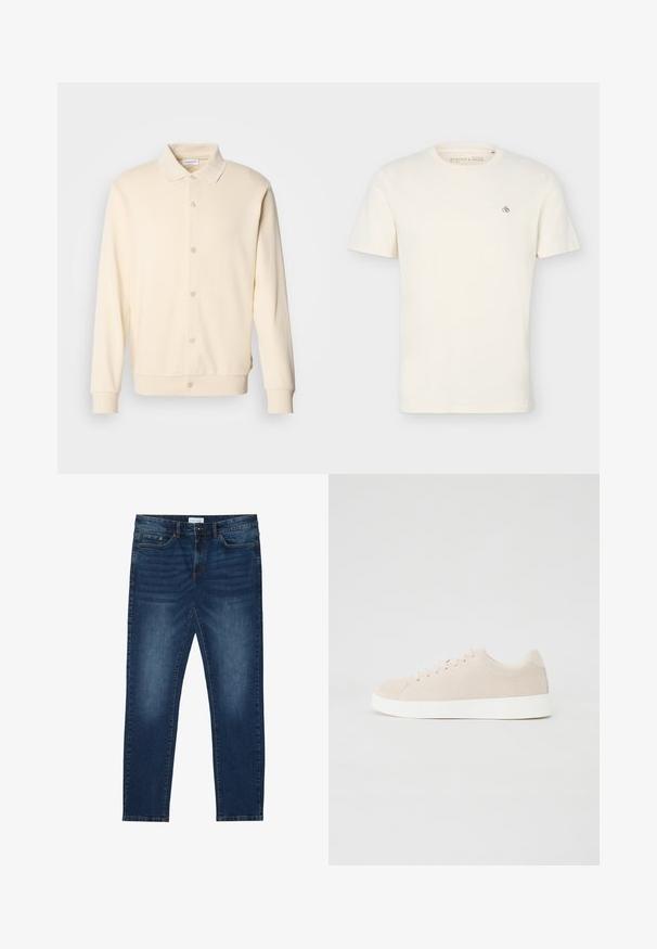Cremefarvet button-up sweatshirt med lange ærmer, kravehals og ribbede manchetter. Glat tekstur, minimalistisk design.; Simpel off-white t-shirt med korte ærmer og rund halsudskæring med en lille "Scotch & Soda" logo på øverste venstre bryst.; Mørkeblå slim-fit jeans med falmede detaljer, klassisk fem-lomme design, knappelukning og bæltestropper.; Beige ruskindsneakers med hvide gummisåler, rund tå og seks snøringshuller. Glat tekstur med minimalisk design.