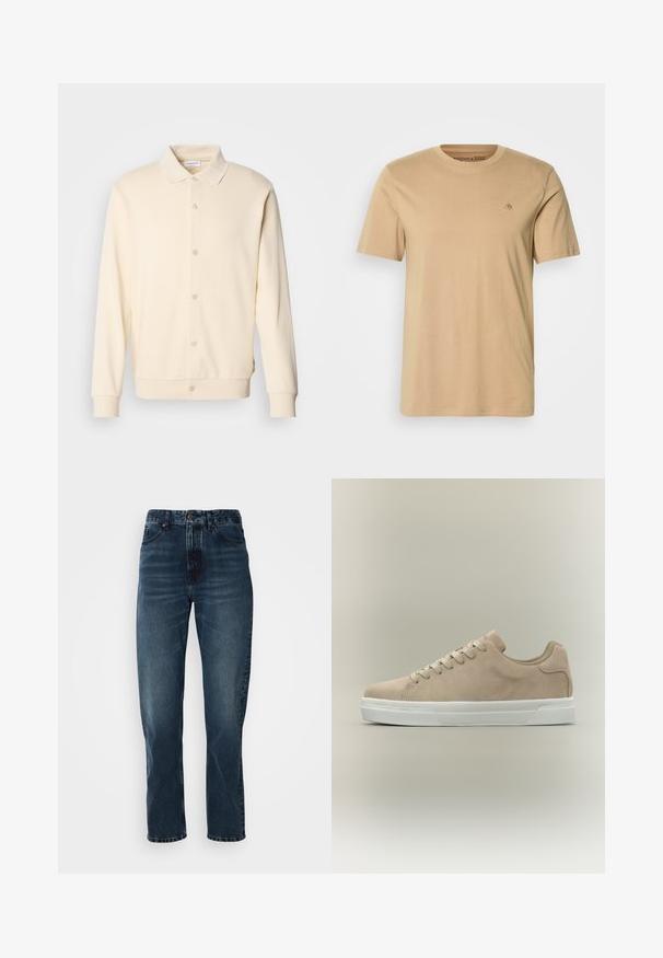 Crème-kleurige overhemdtrui met lange mouwen, een kraag en geribbelde manchetten. Gladde textuur, minimalistisch ontwerp.; Beige katoenen t-shirt met een ronde halslijn, korte mouwen en een klein geborduurd logo op de borst. Glad textuur en standaard pasvorm.; Donkerblauwe recht gesneden jeans met een sluiting met knoop en rits aan de voorkant, vijf-pocket ontwerp en subtiele vervaging op de dijen en knieën.; Beige suède lage sneaker met witte rubberen zool en beige veters op een effen lichte achtergrond.
